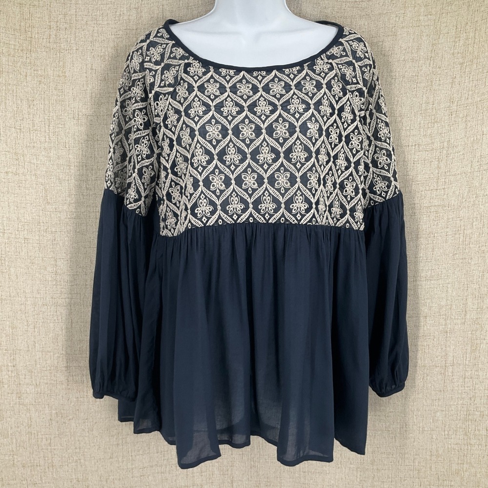Sundance Peasant Blouse Womens Size M Navy Babydoll Embroidered Boho Balloon